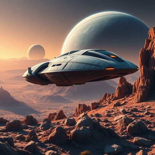 Generate a high-resolution image of a futuristic spaceship hovering over a rocky alien landscape with planets in the background, captured using a DSLR camera with a 24mm lens at f/8, ISO 100, 1/125s shutter speed, in a panoramic view with vibrant colors and high contrast.