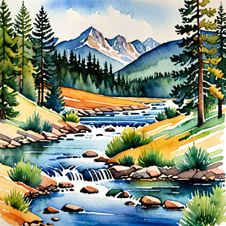 watercolor drawing of mountain range with pines trees and river