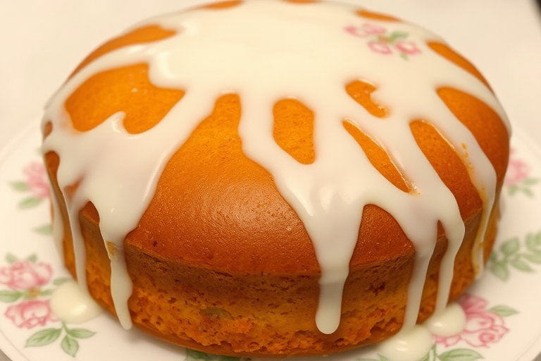 A round cake with a smooth golden-brown surface topped with a thick white icing that drips down the sides, displayed on a decorative white plate with floral patterns.