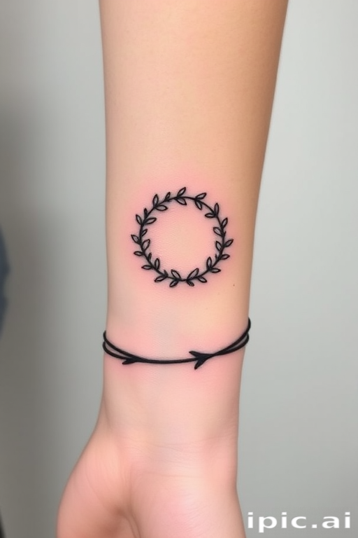 Minimalist continuous line tattoo wrapping around the wrist, forming a delicate floral wreath with a single unbroken black line