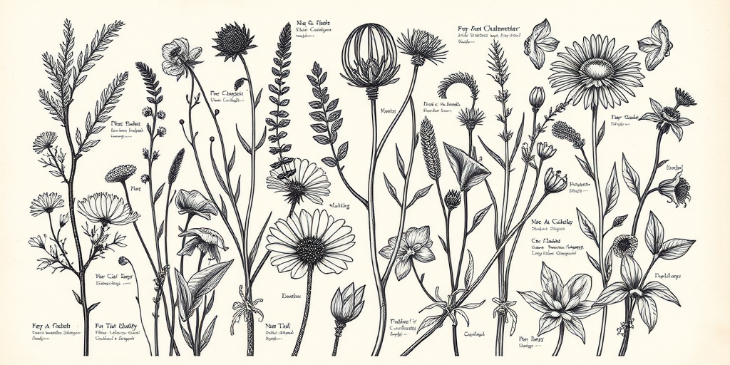 Botanical blackwork tattoo named "Herbalist's Codex" showcasing a detailed collection of medicinal plants and herbs, rendered in precise linework with varying line weights to create depth and texture, incorporating scientific labels and anatomical illustrations of plant structures