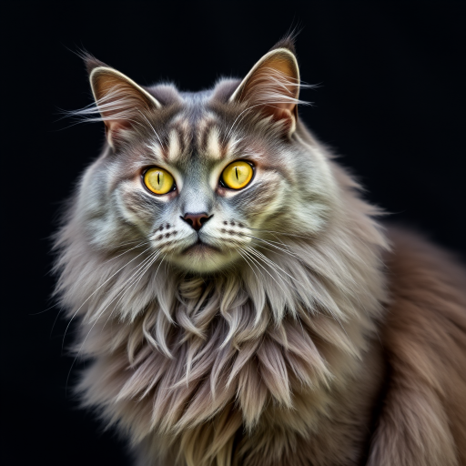 A majestic long-haired gray cat with striking yellow eyes, posed elegantly against a dark textured background, captured with a DSLR camera, aperture f/2.8, ISO 100, 85mm lens, soft natural lighting, portrait view.