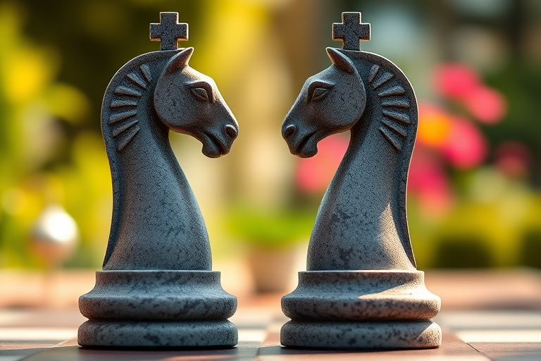Create a highly detailed and realistic image of two ornate chess knight pieces made of stone, positioned face to face in an outdoor garden setting, soft bokeh background, natural sunlight, camera settings: f/2.8, ISO 100, shutter speed 1/200s, camera view: low angle, camera style: macro, camera type: DSLR.