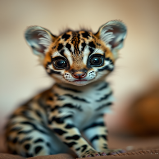A cute striped animal with big eyes sitting in a softly lit environment, focus on its fur texture, using a Canon EOS R5 camera, 50mm f/1.2 lens, aperture priority mode, ISO 100, shallow depth of field, soft bokeh background.