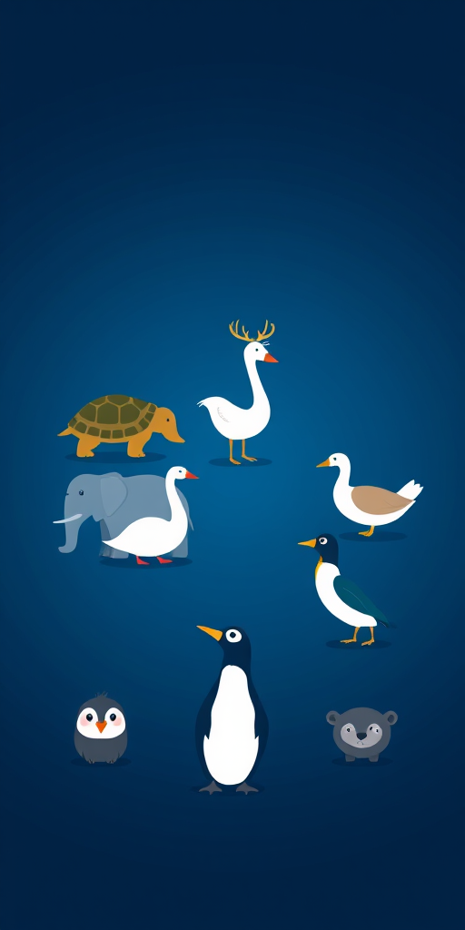Create a vector illustration of stylized animal icons including a bird, turtle, elephant, deer, swan, goose, penguin, hummingbird, and otter, set against a deep blue gradient background, using a DSLR camera with a 50mm lens at f/1.8, ISO 100, and soft focused lighting to enhance clarity and detail.