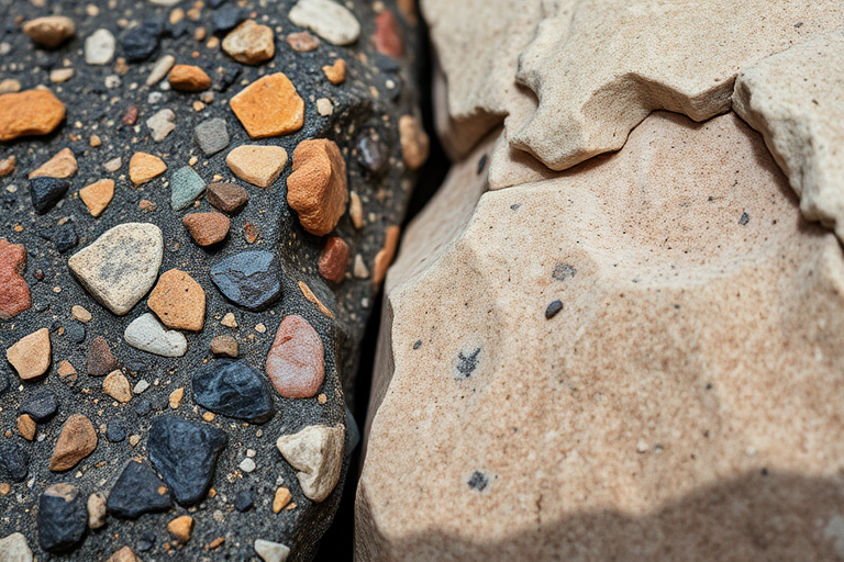 Create a highly detailed close-up image of two contrasting rocks, one textured and colorful, the other smooth and beige, captured with a DSLR camera at f/8 aperture, ISO 100, 50mm lens, in natural lighting for enhanced clarity and depth.