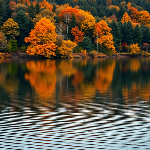 Regenerate a serene landscape of a calm lake reflecting colorful autumn trees, with vibrant orange and yellow leaves amidst dark green foliage, taken with a Canon EOS R5, 24mm lens, aperture f/8, ISO 100, shot from a low angle to capture the water's edge and the rich colors above.
