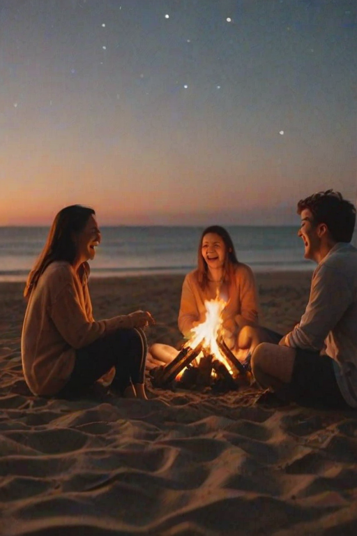 Blurry candid shot of a group of friends laughing around a bonfire on the beach, soft orange light from the flames illuminating their faces, with distant waves gently lapping at the shore under a starry sky.