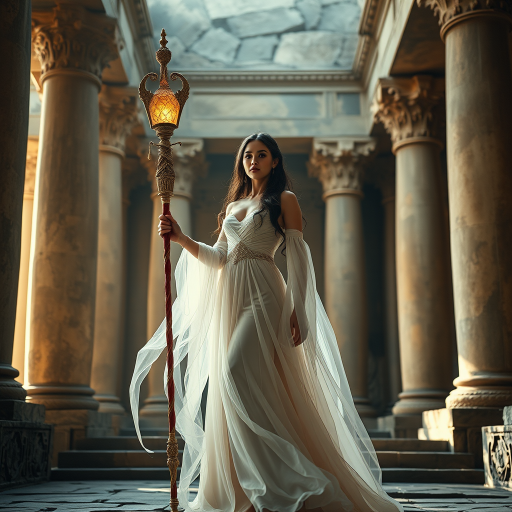 Regenerate the image of a mystical woman in an elegant, flowing gown holding a magical staff in an ancient temple setting with soft, ethereal lighting, using a Canon EOS R5 with a 50mm f/1.2 lens, aperture at f/1.2, ISO 100, shutter speed 1/200s, shot from a low angle to emphasize the grandeur of the scene.