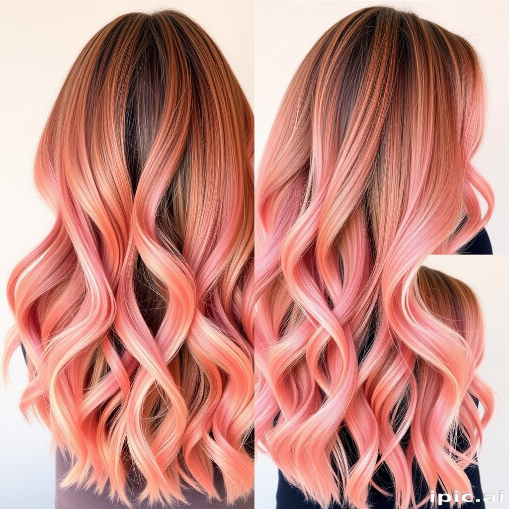 Sunset ombre melts from warm oranges to soft pinks, styled in beachy waves with sun-kissed highlights, capturing the essence of a perfect summer evening