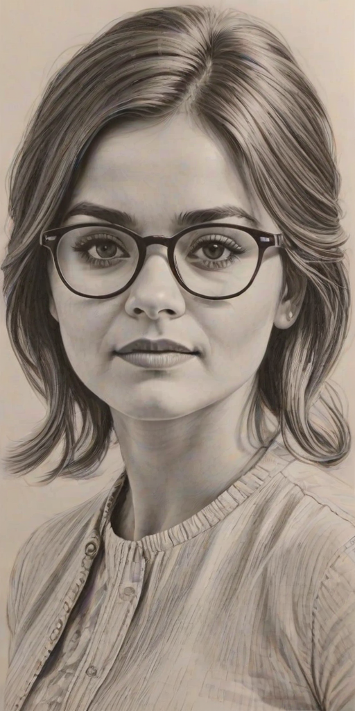 Resplendent Jenna Coleman, pencil sketch, portrait of Gorgeous woman 1959s in glasses, hair style beatnik, outline, clear lines, fine lines, 8k