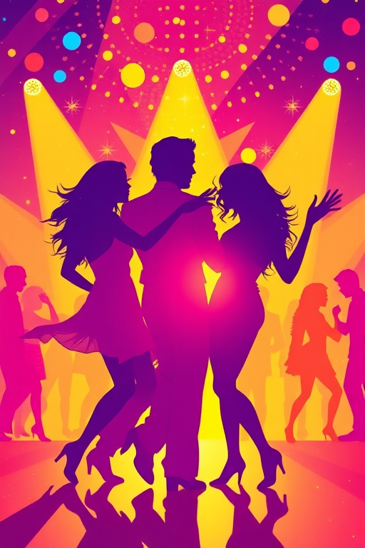 Create a vibrant silhouette illustration of dancing figures in a 1970s disco style, using a Canon EOS R5 camera with a 50mm lens at f/1.8, shooting in portrait mode with soft lighting and a high saturation filter for enhanced colors.