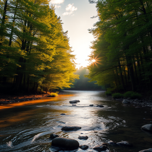 Create an image of a serene, sunlit forest scene with a clear, gently flowing river. Tall trees with lush green foliage line both sides of the river, their leaves bathed in the warm golden light of the setting or rising sun. The sunlight filters through the trees, casting soft, dappled light on the river, which flows over smooth rocks and pebbles, creating a peaceful, natural atmosphere. The sky is bright with a few scattered clouds, and the overall mood is tranquil, evoking a deep sense of connection with nature. The image captures the beauty of a calm, pristine forest landscape at either dawn or dusk.