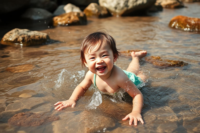 capture a joyful child playing in shallow water surrounded by rocks, natural lighting, use a 50mm lens, aperture f/2.8 for a shallow depth of field, shutter speed 1/250s to freeze the motion, take from a low angle to emphasize the child's happiness and the water splashes, high dynamic range for vibrant colors, photograph with a DSLR camera