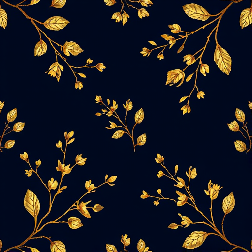 create a seamless floral pattern featuring delicate golden branches and leaves on a dark navy background, using a Canon EOS 5D Mark IV, 50mm lens, f/4 aperture, ISO 100, natural lighting for enhanced detail and texture