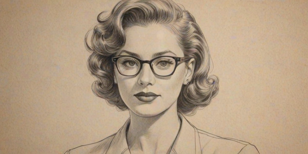 Radiant Jade Tailor, pencil sketch, portrait of Dazzling woman 1943s in glasses, hair style beatnik, outline, clear lines, fine lines, 8k