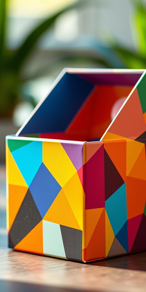 Create a high-resolution digital illustration of a colorful box with geometric shapes, using a DSLR camera with a 50mm lens, aperture set to f/2.8, ISO 100, natural lighting, and a shallow depth of field to enhance details and vibrancy.