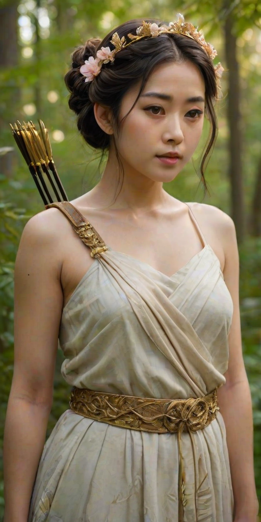 Create a portrait of a goddess-like Japanese girl figure in a tranquil, forested environment. She has an elegant appearance with long, wavy hair styled in an updo and adorned with a delicate, floral headband. She wears a flowing, ancient Greek-inspired gown in a soft, pale color, featuring a one-shoulder design and draped fabric that accentuates her graceful form. The outfit includes a decorative belt with ornate gold detailing, and she holds a bow in her hand, with a quiver of arrows slung over her shoulder. The background depicts lush greenery, with sunlight filtering through the trees, casting a gentle, ethereal light on the scene. Her expression is calm and contemplative, embodying a sense of wisdom and serenity.