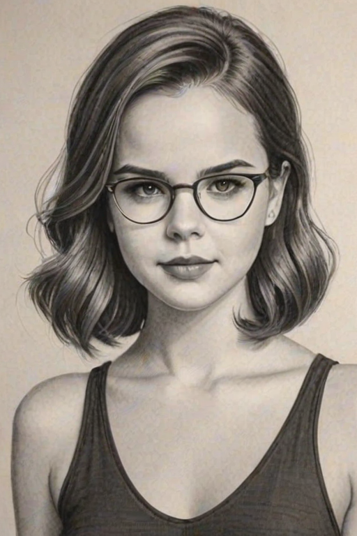 Fetching Bailee Madison, pencil sketch, portrait of Lovely woman 1933s in glasses, hair style beatnik, outline, clear lines, fine lines, 8k