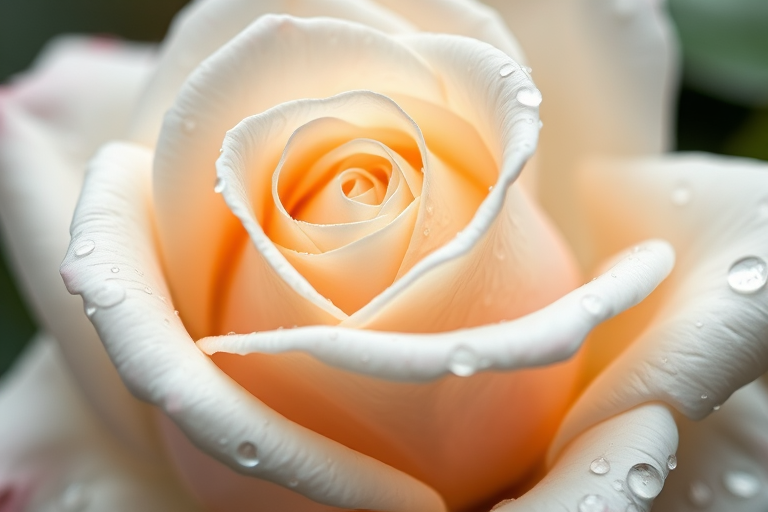macro shot of a white rose with water droplets on the petals