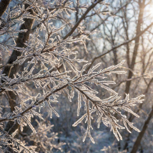 generate an image of frost-covered tree branches shimmering in the sunlight with a blurred winter background
