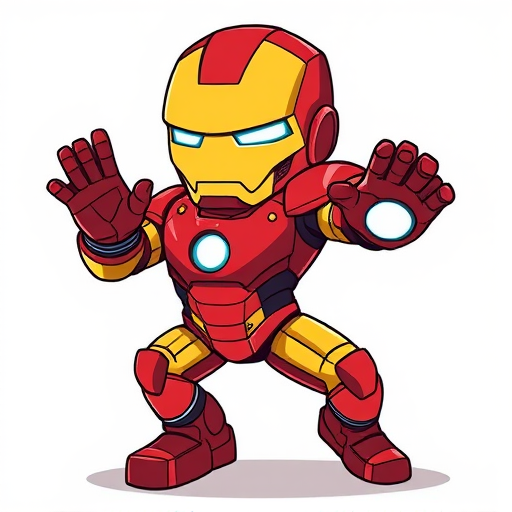 Create a high-quality cartoon-style illustration of a stylized Iron Man character in a dynamic pose, using a Canon EOS R5 camera with a 50mm f/1.8 lens, aperture set to f/2.8, ISO 100, and a high-resolution setting for sharp details and vibrant colors.