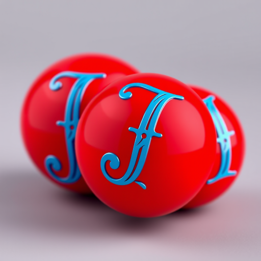 Create a vibrant 3D image of two glossy red spheres featuring ornate blue letters "J" and "I" on the surface, captured with a DSLR camera at f/2.8, ISO 100, 50mm lens, using a shallow depth of field and a slight overhead angle for depth.