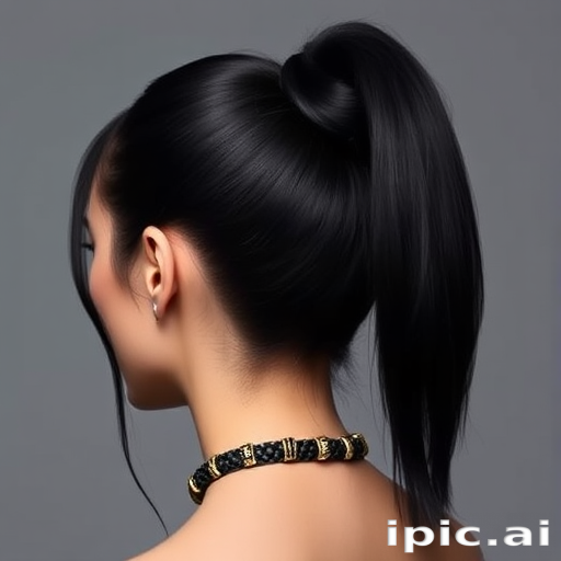Sleek high ponytail in jet black, wrapped with a section of hair and adorned with gold cuffs, showcasing polished elegance with a touch of edge