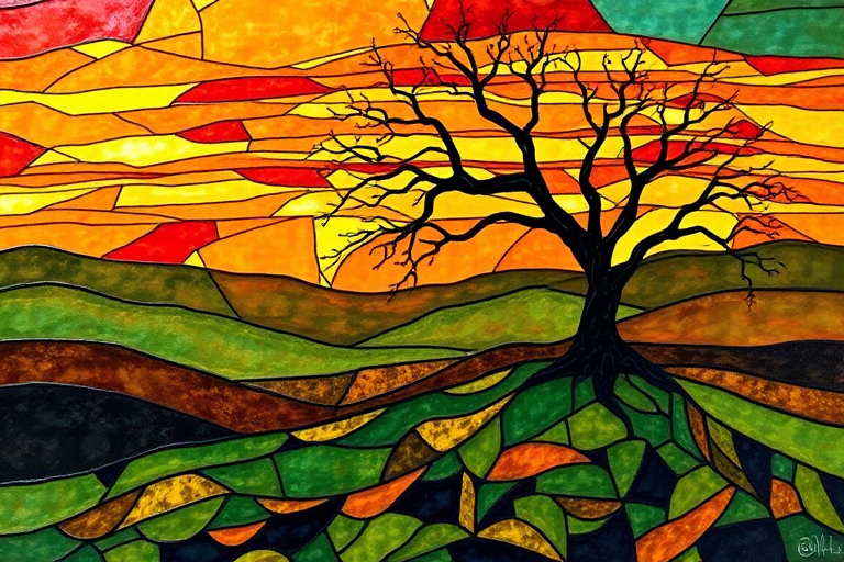 A vibrant abstract painting on Tiffany Glass, blending acrylic and alcohol ink techniques, captures a dramatic sunset over rolling hills. The artwork features a textured, rocky foreground in green and brown, layered abstract hills, and a striking sunset in rich oranges, yellows, and reds. A solitary black tree with intricate branches contrasts against the fiery sky, creating a dynamic and expressive portrayal of a breathtaking natural scene.