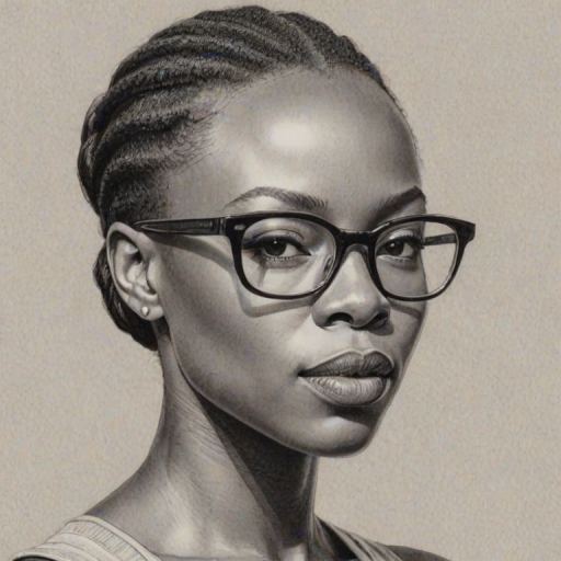 Sublime Danai Gurira, pencil sketch, portrait of Splendid woman 1973s in glasses, hair style beatnik, outline, clear lines, fine lines, 8k