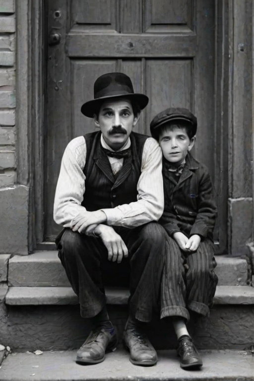 A black-and-white photograph of a man and a child sitting on steps in front of a doorway. The man is dressed as a tramp with a bowler hat, mustache, and ragged clothes, reminiscent of Charlie Chaplin's iconic look. He is sitting with his arms crossed and an expression of slight sadness or frustration. Next to him is a young boy, also in worn clothes and a cap, sitting with his hands clasped, looking thoughtful. The background is an old, textured wall and a partially open door, creating a vintage, early 20th-century atmosphere.