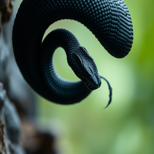 Create a high-resolution image of a black ouroboros serpent consuming its own tail, captured with a Canon EOS R5 using a 50mm lens, f/1.8 aperture, ISO 100, and soft focus background to enhance the serpent's details.