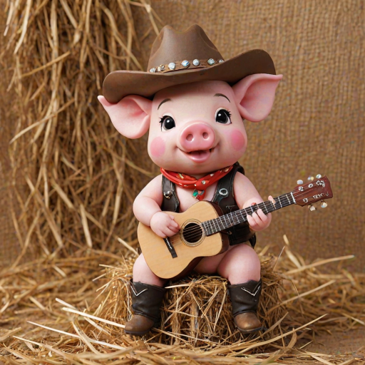 A chibi pig, dressed as a cowboy, playing guitar, sitting on a hay bale