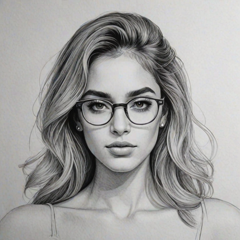 Fetching Alina Baraz, pencil sketch, portrait of Enticing woman 1969s in glasses, hair style beatnik, outline, clear lines, fine lines, 8k
