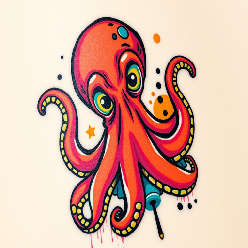 New school tattoo featuring a quirky, cartoonish octopus with exaggerated features and bold, saturated colors, incorporating graffiti-inspired elements, dubbed "Tentacle Toon"