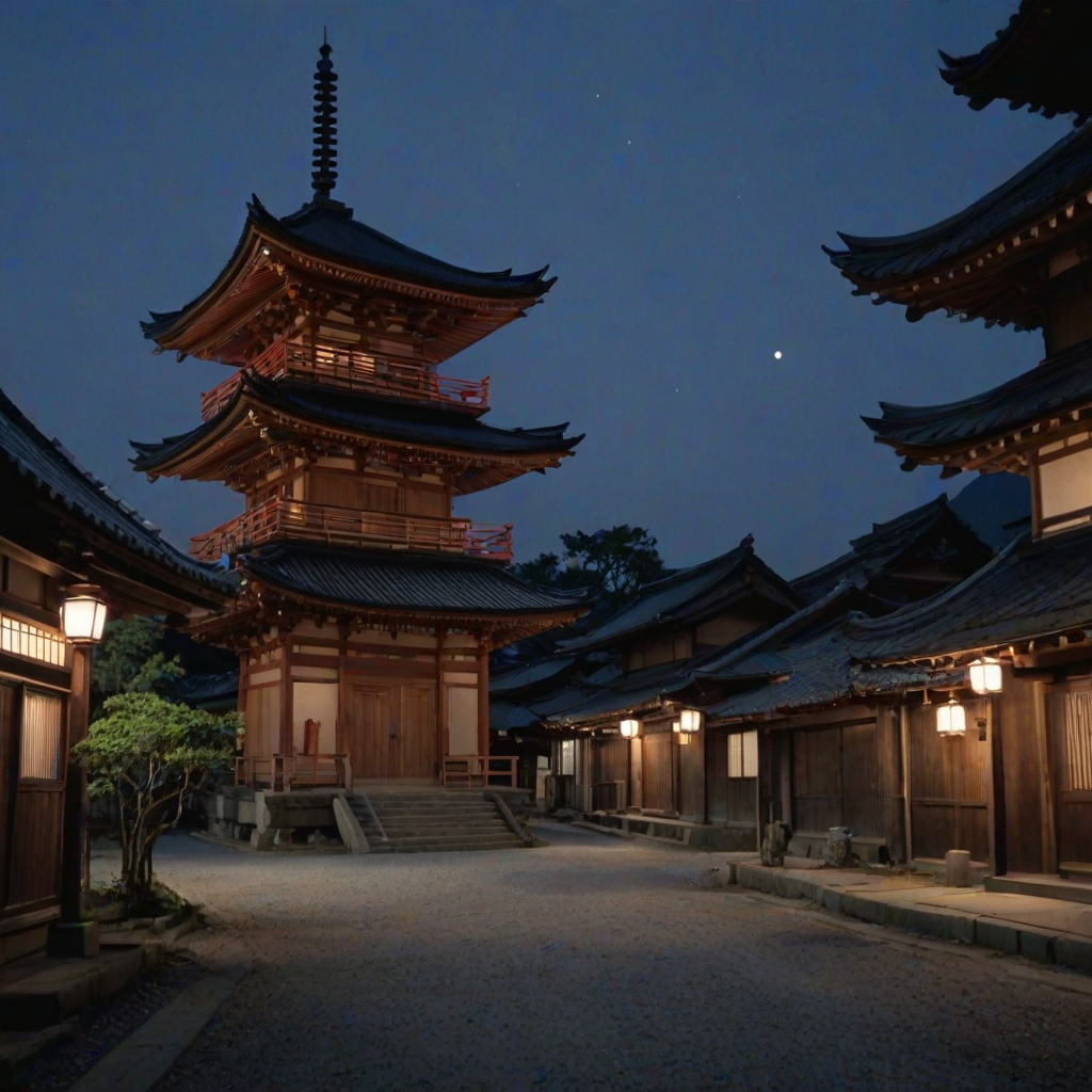 cinematic scene of Akira Kurosawa's movie in uncivilized Japanese townscape in the Edo period, aesthetic landscapes, a small pagoda, cinematic night scene, (photo-realistic:1.2), clear sky, (low-angle shot), dynamic composition, high image quality by digital remastering, vivid colors, highly detailed