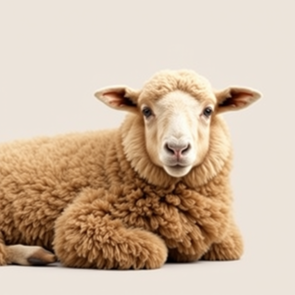 Generate an image of a relaxed sheep with a thick, fluffy brown coat, lying down against a neutral background. The sheep should have a calm expression, with its ears perked up slightly, capturing a peaceful and cozy atmosphere.