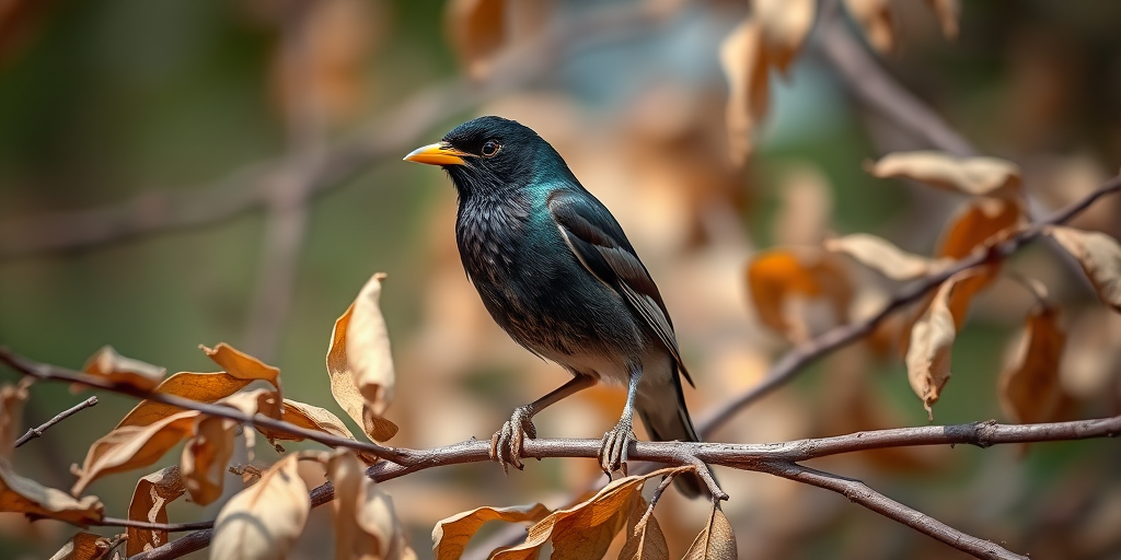 A close-up shot of a myna bird perched on a branch amidst dried leaves, with a shallow depth of field, natural light, ISO 200, f/4 aperture, 1/200 sec shutter speed, using a DSLR camera with a 100mm macro lens.