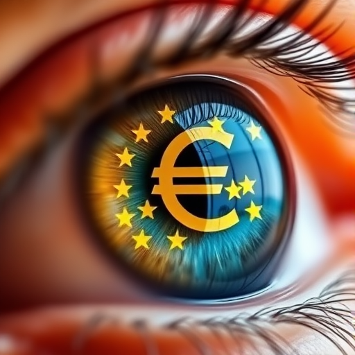 Close-up of a human eye with vibrant blue and orange iris showcasing the Euro symbol and yellow stars reflected in the pupil, using a 50mm lens, f/1.8 aperture, ISO 100, 1/200s shutter speed, taken with a DSLR camera in soft natural light.