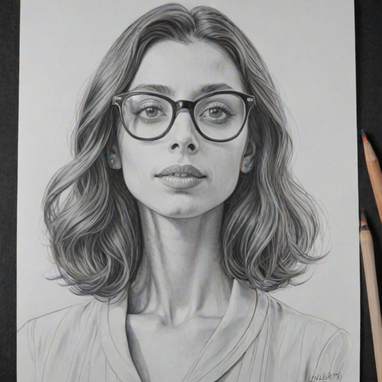 Ravishing Angela Sarafyan, pencil sketch, portrait of Fetching woman 1962s in glasses, hair style beatnik, outline, clear lines, fine lines, 8k
