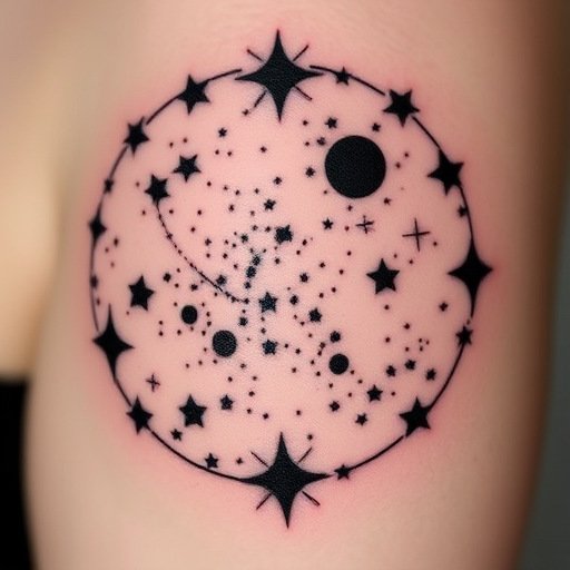 Negative space tattoo titled "Celestial Silhouette" using clever placement of solid black ink to reveal intricate star constellations and cosmic imagery within the untouched skin