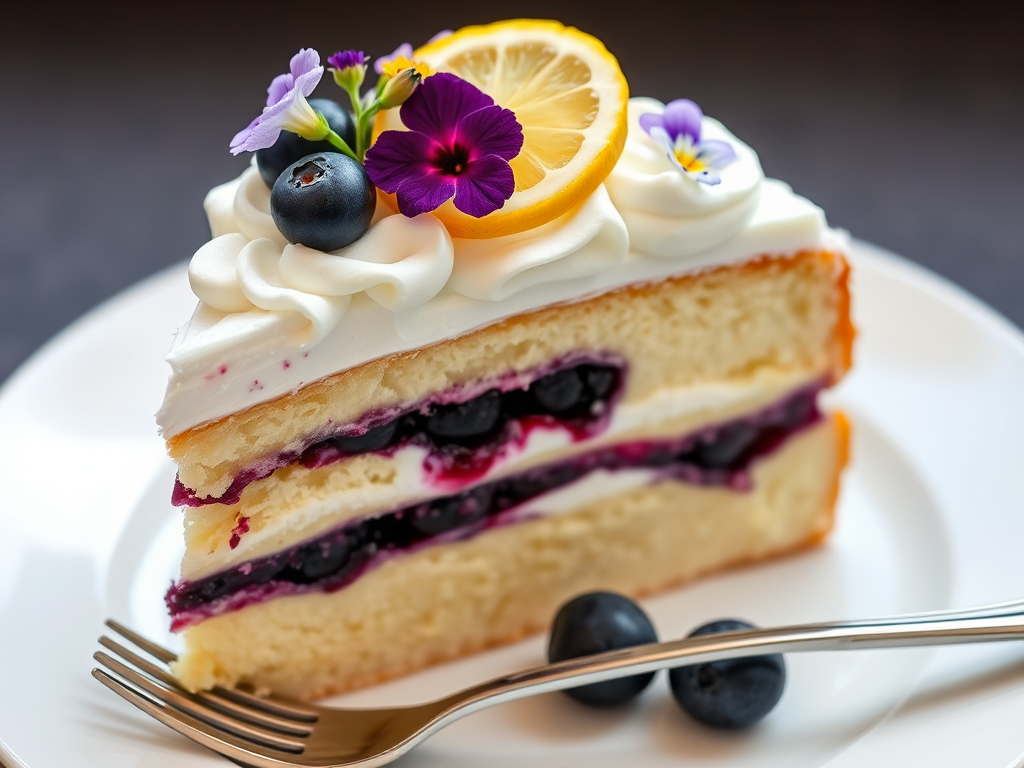 A slice of layered cake with vanilla sponge and blueberry filling decorated with whipped cream fresh blueberries a slice of lemon and edible flowers served on a white plate with a fork beside it