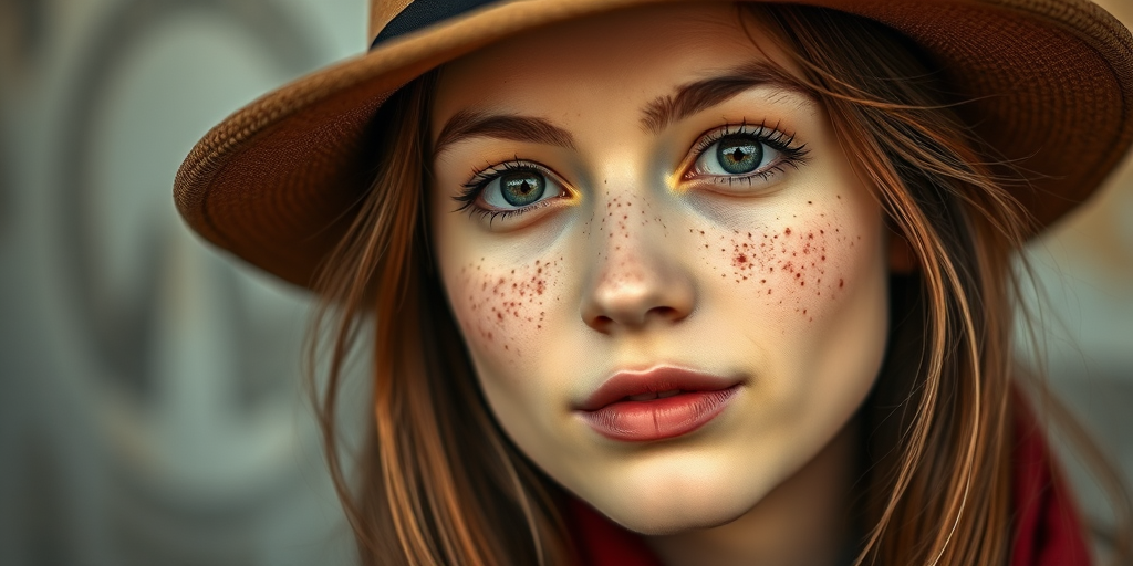 portrait of a young woman with freckles and a stylish hat, soft focus background, high resolution, ISO 200, aperture f/2.8, 50mm lens, natural light, painterly effect