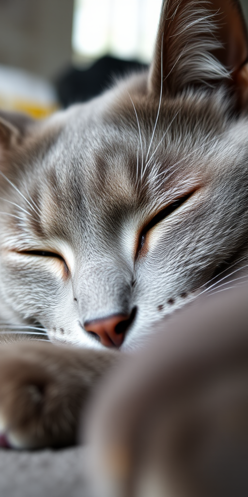 close-up shot of a sleeping gray cat with green eyes, soft natural light, low angle view, aperture f/2.8, ISO 200, shutter speed 1/60s, DSLR camera