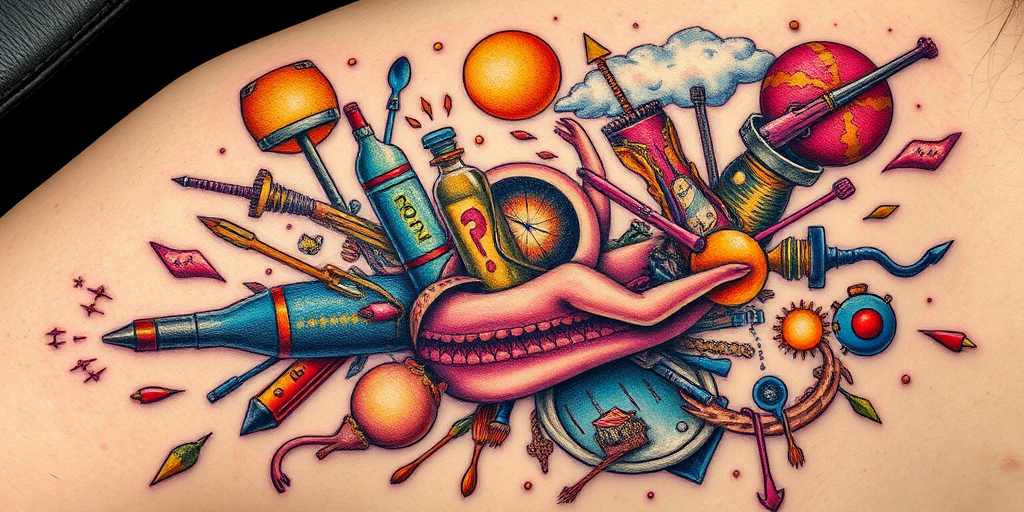 Surrealist tattoo called "Melting Realities" combining elements from different objects and scenes in unexpected ways with vivid colors and dreamlike distortions for a mind-bending effect
