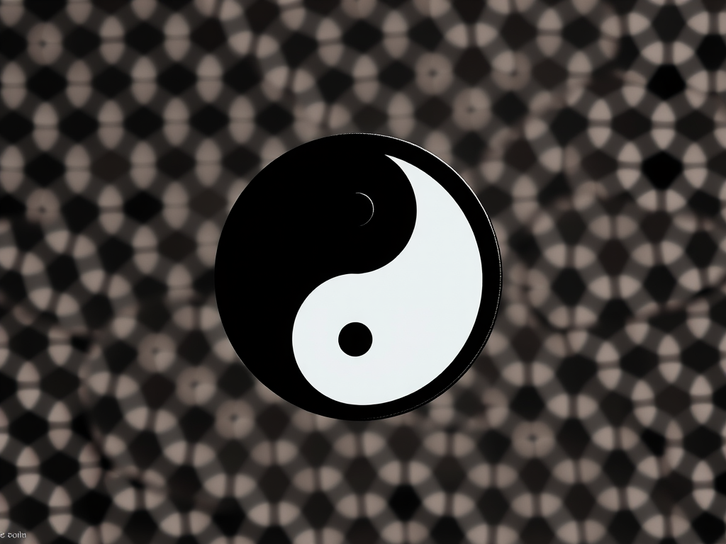 create a high-resolution image of a stylized yin-yang symbol with a honeycomb texture background, using a DSLR camera with a 50mm lens, f/1.8 aperture, ISO 100, and a shallow depth of field for a soft bokeh effect, in a high-contrast lighting setup to accentuate the symbol and texture