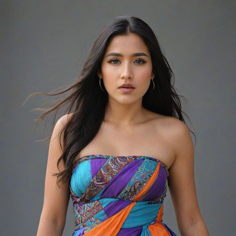Photographic image of a beautiful young Mapuche woman, cyan eyes, lips with cyan lipstick, long hair fluttering in the wind and wearing a silk strapless dress with a soft purple and orange print. monochrome image with only color highlights in the iris of the eyes, lipstick and dress. Gray background.