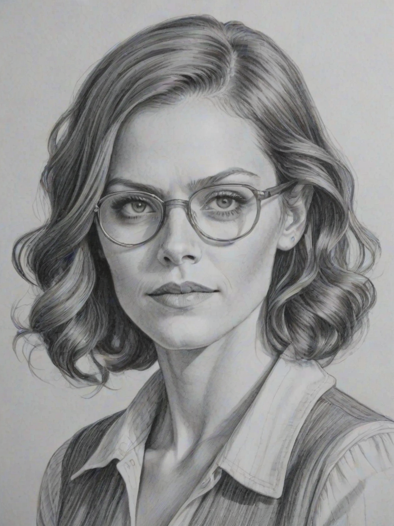 Bewitching Cassidy Freeman, pencil sketch, portrait of Fetching woman 1935s in glasses, hair style beatnik, outline, clear lines, fine lines, 8k