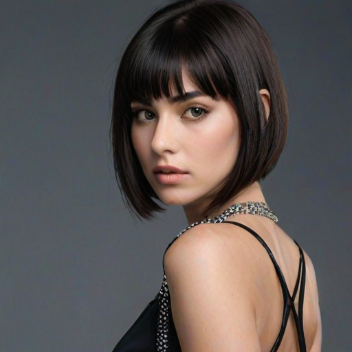 "This image showcases a young woman in a minimalistic, high-fashion pose. She is turned slightly to her right, with her face and upper body in focus. Her dark hair is cut in a sleek, straight bob with blunt bangs that frame her face, giving her a modern, edgy look. A few strands of hair are gently blown out of place, adding a dynamic and natural feel to the composition.She is wearing a black, sleeveless top with thin spaghetti straps, which adds to the simplicity and elegance of the image. The back of the top features unique, decorative detailing with sparkling rhinestone chains that connect horizontally across her back, giving the outfit a subtle yet glamorous twist. The black outfit contrasts sharply with her pale skin, making her overall appearance stand out against the soft, gradient blue background.
