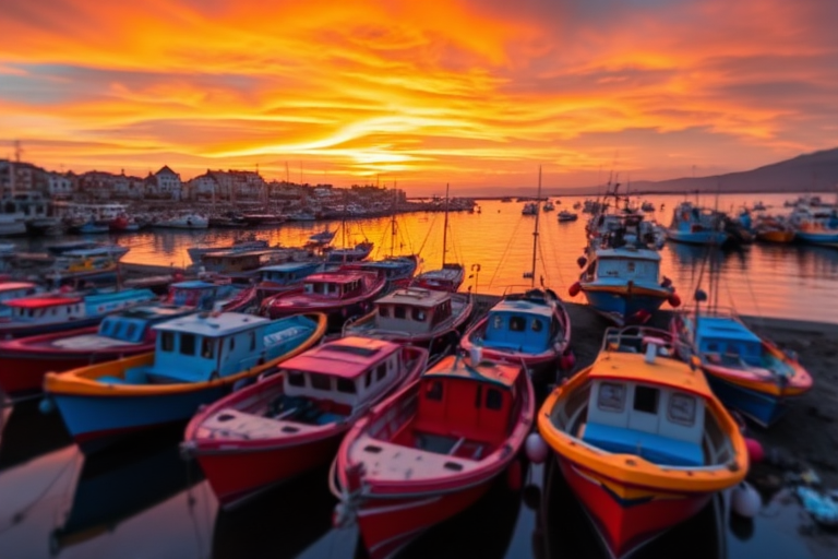 Capture a vibrant sunset over a harbor filled with colorful fishing boats, using a DSLR camera at f/8, ISO 100, shutter speed 1/60 sec, wide-angle lens, high dynamic range, with a slight tilt-shift perspective to enhance the image quality.